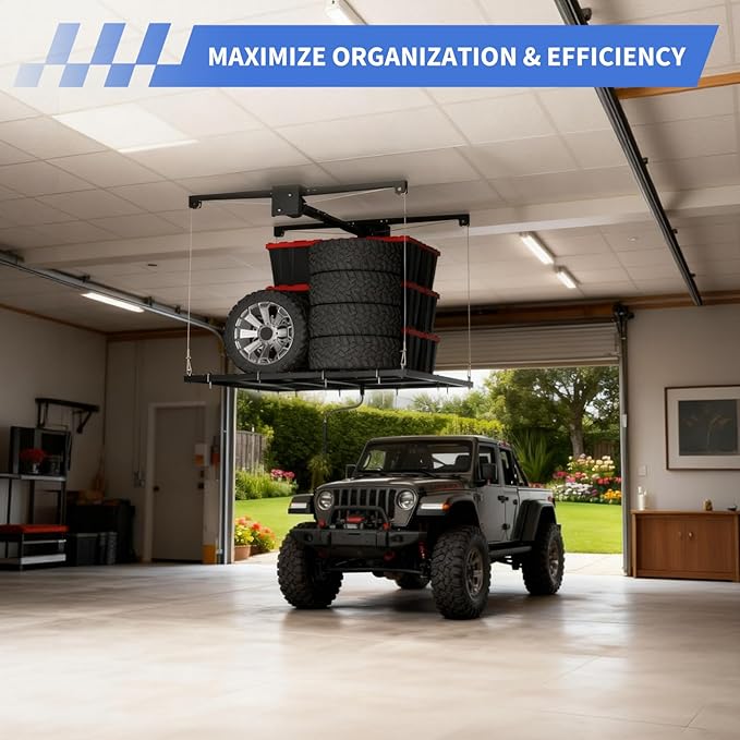 Heavy-Duty Overhead Garage Lifting Storage Rack, 4x4 ft Carbon Steel Ceiling Storage Rack with Manual Crank, Adjustable Organization System, Supports 350Lbs for Garages Workshops