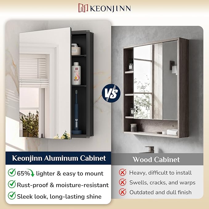 Keonjinn Black Medicine Cabinet for Bathroom with Mirror 16 x 24 Inch, Assembly Required, Lightweight, Tempered Glass, Free Adjustable Shelves, Recessed or Wall Mount, Bathroom Mirrors with Storage