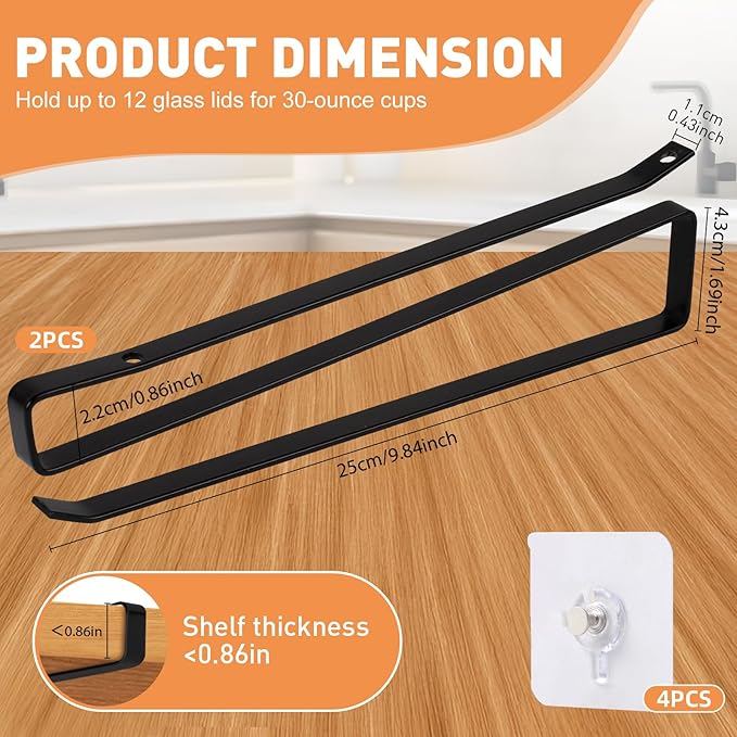 Tumbler Lid Organizer, 2 Pack Coffee Mug Holder for Yeti Tumbler Lid, Space Saving Mug Hanger Rack Holds Up to 12 Lids, Cup Holder Under Cabinet, Water Bottle Lid Holders for Kitchen Storage