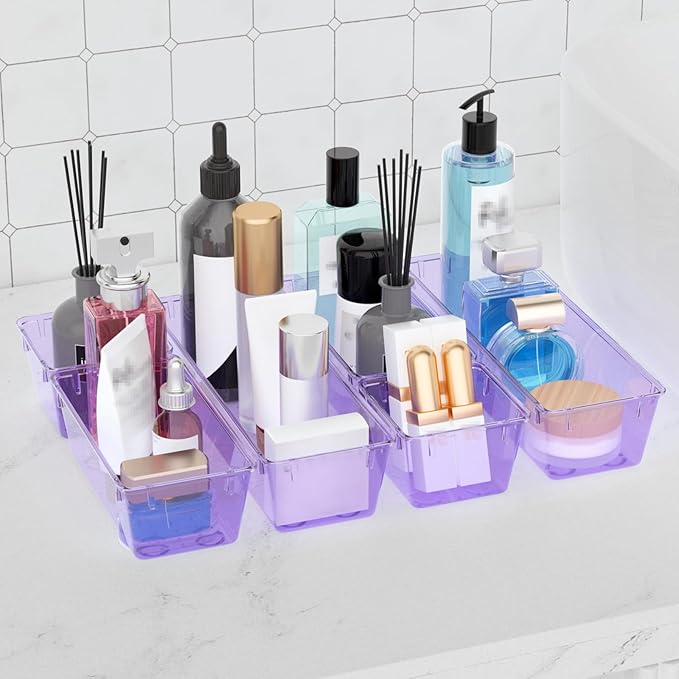 WOWBOX 6 Pack Clear Drawer Organizer Set, Acrylic Drawer Storage Trays, Storage Bins for Makeup, Cosmetics, Jewelries, Utensils, Gadgets, Office, Purple