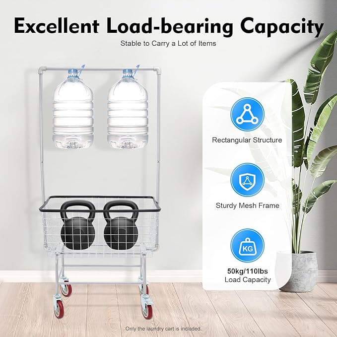 Steel Wire Laundry Cart, Rolling Laundry Basket With Wheels & Hanging Rack, Heavy Duty Large Laundry Basket Cart, Laundry Hamper Organizer for home, hotel, bathroom, commercial laundry