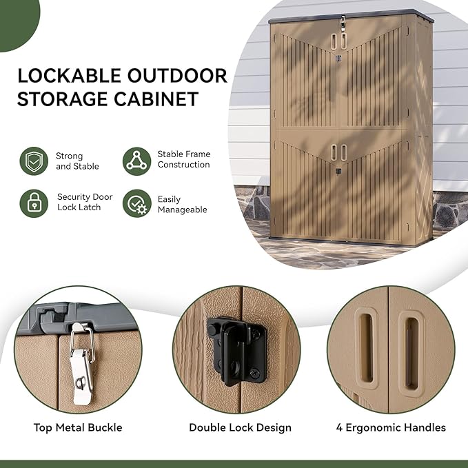 Aoxun Outdoor Storage Shed with Metal Shelving Kit & Floor, 64 Cu.Ft Large Outdoor Storage Cabinet, Waterproof Vertical Resin Shed for Garden Tools, Pool Equipment, Brown
