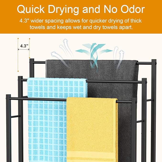 Honiter Towel Racks for Bathroom, 3 Tier Wide Towel Drying Rack Outdoor, Free Standing Towel Rack, Pool Towel Blanket Stand and Display Rack for Oversized Bath Towels, Black