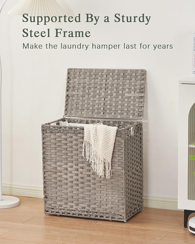 Laundry Hamper with Lid Wicker Laundry Basket 112 L (29.6 Gal) Laundry Hampers Handwoven Rattan Clothes Hamper with Handles 3 Removable Liner Bag, 6 Mesh Bags for Bathroom Bedroom Gray