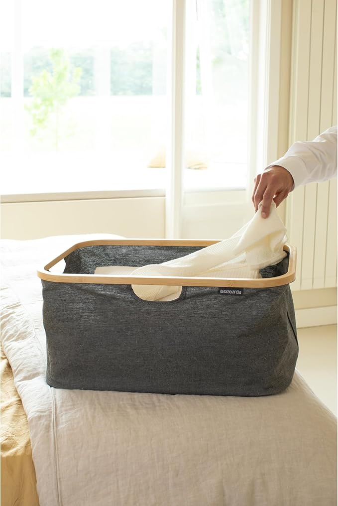 Brabantia - Foldable Laundry Basket 10.6 Gal - Water Resistant Hamper for Wet & Dry Laundry - Storage Basket for Clothes & Linen - Bamboo Rim for Easy Grip - Garment Washing - Pepper Black