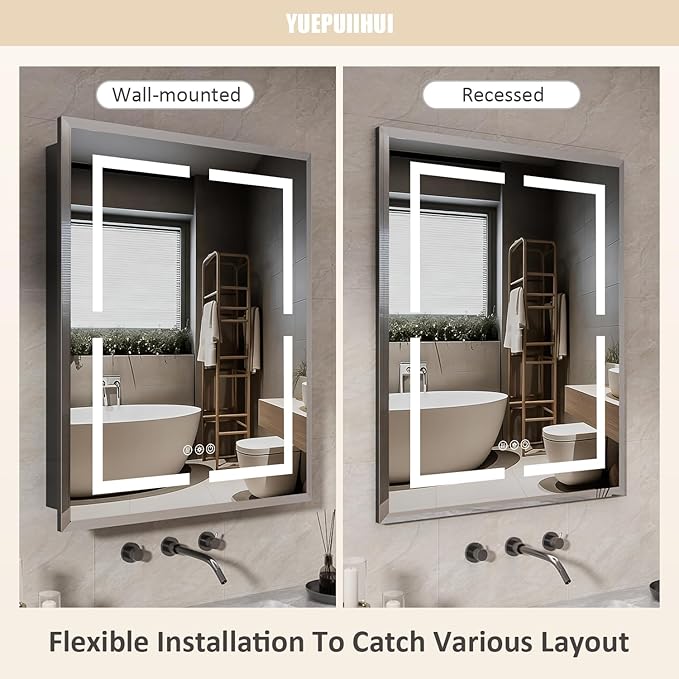 24X30 Inch Lighted Medicine Cabinet with Mirror and Lights, Recessed Mirror Medicine Cabinet with Adjustable 3-Color, Brightness Dimming, Defogger, LED Bathroom Mirror Cabinet Wall Mounted