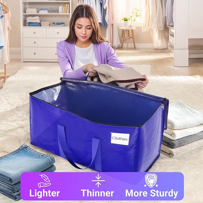 Moving Storage Bags, Moving Supplies Packing Boxes for Moving, Camping, College Dorm Room Essentials for Girls, Blue Tote Bags, Heavy-Duty Storage Bins With Lids And Zippers, 76L 4 Pack