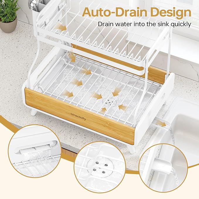 2-Tier Dish Drying Rack, Large Stainless Steel & Bamboo Dish Rack for Kitchen Counter, Dish Drainers with Adjustable Automatic Spout, Drying Rack Kitchen with Utensil Holder, White