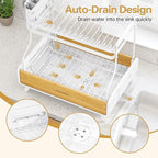 2-Tier Dish Drying Rack, Large Stainless Steel & Bamboo Dish Rack for Kitchen Counter, Dish Drainers with Adjustable Automatic Spout, Drying Rack Kitchen with Utensil Holder, White