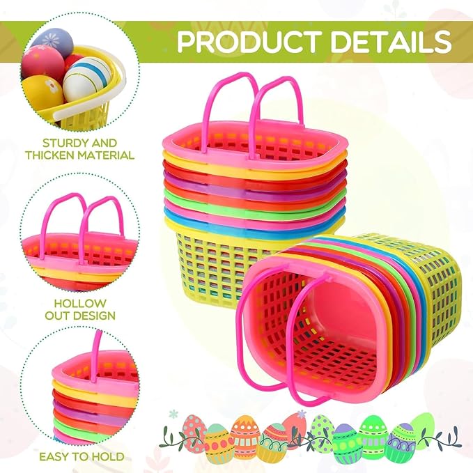 200 Pcs Easter Baskets Bulk Colorful Plastic Egg Baskets with Handle 6.7" x 5.11" x 3.5" Easter Buckets for Party Favors Egg Hunts Supplies Decorations, 7 Colors