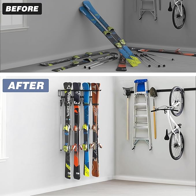 WALMANN Garage Storage Organization Wall Ski Rack 8 Pairs of Skis Mount Ski Hanger for Garage Snowboard Wall Rack Holds Up to 400 lbs