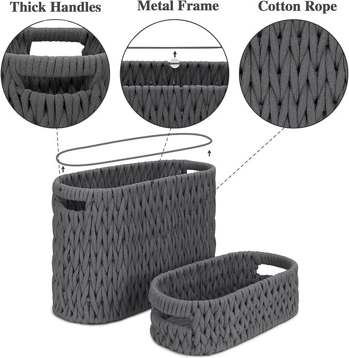 Boho Toilet Paper Storage Baskets, Cotton Rope Woven Bathroom Basket Set of 2, Standing Toilet Paper Holder for 6 Mega Rolls,Storage Bins for Toilet Tank Top, Bathroom Organizer Decor (Gray 2 Pack)