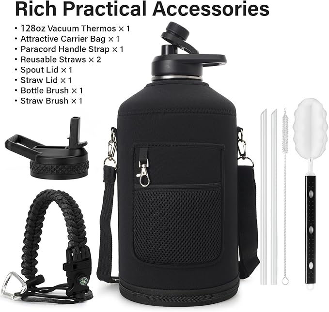 1 Gallon Water Bottle Insulated | Thickened Stainless Steel Vacuum Metal Water Jug | Portable Sports Large for Gym and Hiking with Straw, Carrier Bag, Handle Strap | BPA-Free 128 oz
