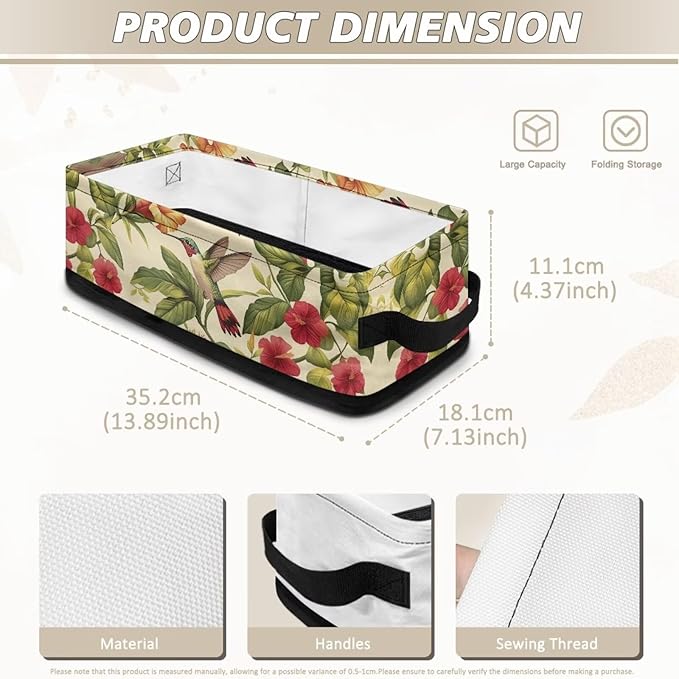 Small Toilet Paper Storage Bin Rectangular Multi-purpose Storage Baskets With Handles Portable Organizer for Home Office Bathroom Decorations, Retro Hummingbird Hibiscus flower