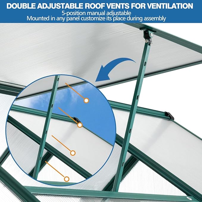 Polycarbonate Greenhouse with Rain Gutter and Roof Vent, Raised Base and Anchor Aluminum Heavy Duty Walk-in Green House, Outdoor Patio Sunroom with Sliding Door (Green, 146.06*74.8*76.77in)