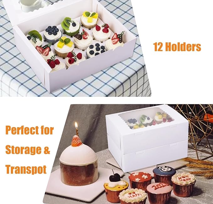 2-Set Cupcake Boxes Hold 12 Standard Cupcakes, Food Grade Cupcake Holders Bakery Carrier Boxes with Windows and Inserts for Cupcakes, Muffins and Pastries (White-2 Pack)