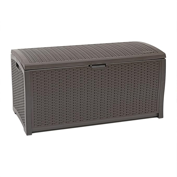 Suncast DBW9200 99 Gallon Outdoor Wicker resin Patio Storage Chest Bin with Handles for Patio, Garden, Garage, or Pool for All Weather, Mocha