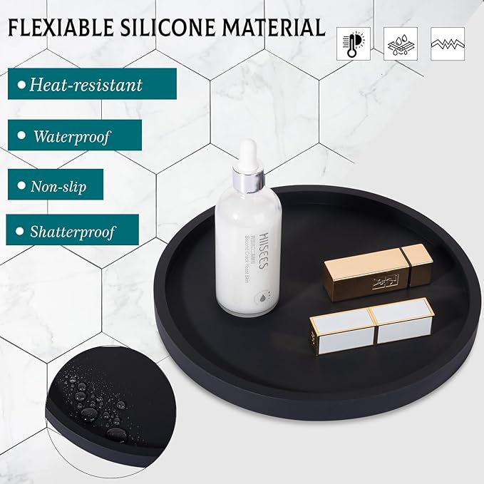 Silicone Bathroom Tray Round Vanity Tray Decorative Soap Holder Kitchen Countertop Organizer Coffee Table Decor for Candle, Perfume, Plant, 11 Inch, Black