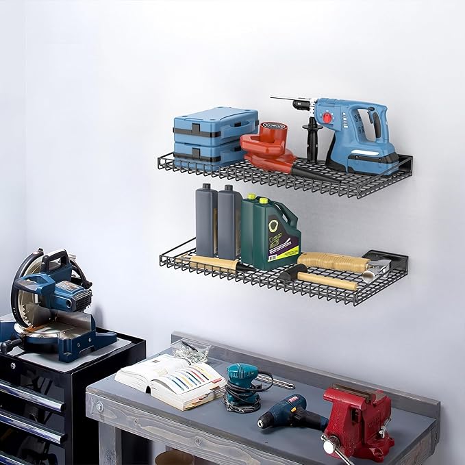 TORACK 2 Pack Wall Mounted Storage Shelves, 23.5" x 12" Wall Shelf for Garage, Closet, Laundry Room, Heavy Duty Garage Wall Shelving, Holds Up to 65 lbs(Black)