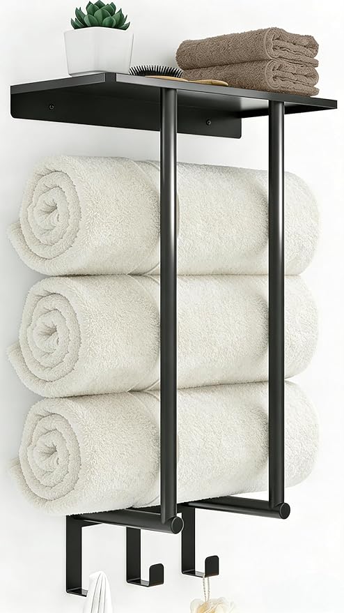 Towel Racks for Bathroom, Bathroom Towel Rack Wall Mounted with Metal Shelf and 3 Hooks for Small Bathroom, Black