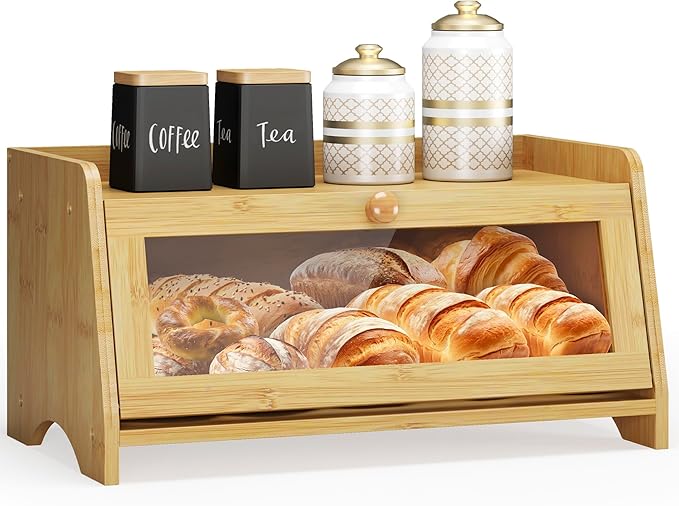 Bread Box for Kitchen Countertop, Large Bread Container Storage, Wooden Farmhouse Bread Box with Window Bread Holder (Natural Bamboo)