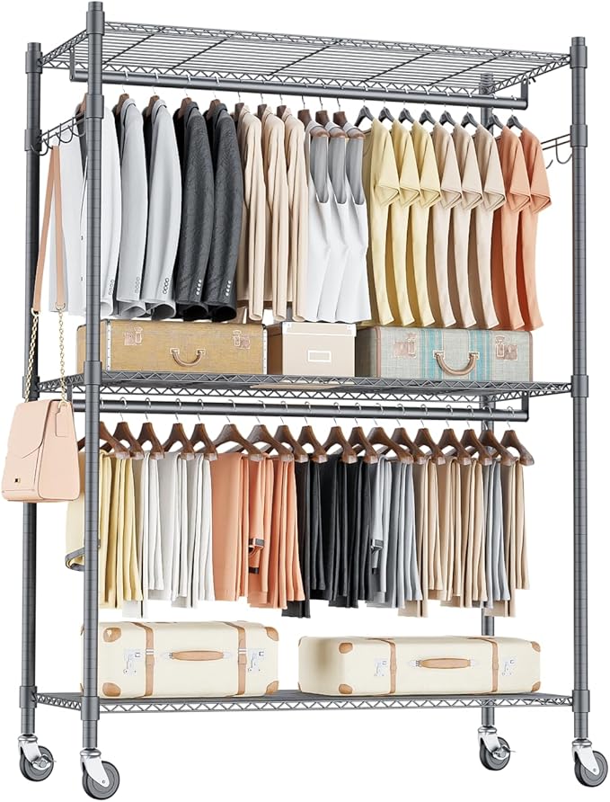 Homdox Heavy Duty Rolling Clothing Rack, Adjustable Garment Rack with 3 Tier Storage Shelves, Freestanding Closet Wardrobe for Hanging Clothes with Side Hooks, Gray