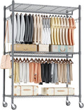 Homdox Heavy Duty Rolling Clothing Rack, Adjustable Garment Rack with 3 Tier Storage Shelves, Freestanding Closet Wardrobe for Hanging Clothes with Side Hooks, Gray