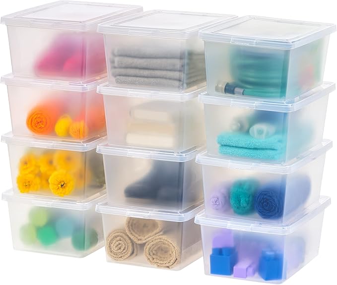 IRIS USA 12-Pack Storage Bins with Lids, 17 Quart, Shoe Boxes Clear Stackable Containers Organize Shoes Closet Shelves, Classroom Organization Teacher Tools, Game Storage - BPA-Free Plastic