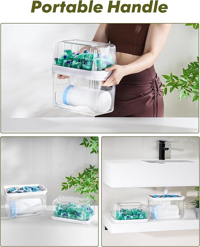 Trash Bag Dispenser Dishwasher Pod Organizer, 3 in 1 Grocery Garbage Bags Holder Storage Box Clear Laundry Room Pods Dishwasher Tab Cleaner Tablets Container Pantry Kitchen Under Sink Organizers