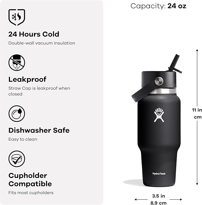 Hydro Flask Travel Water Bottle - Insulated Stainless Steel - Wide Straw Lid, Non Spill, Leakproof in 24 Oz White