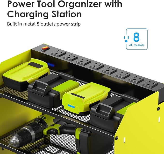 CCCEI Modular Power Tool Organizer Wall Mount Charging Station, Green 6 Drills Holder with 8 Plug Power Strip 10FT, Garage Drill Battery Heavy Duty Metal Shelf, Utility Rack with Hooks, Side Storage.
