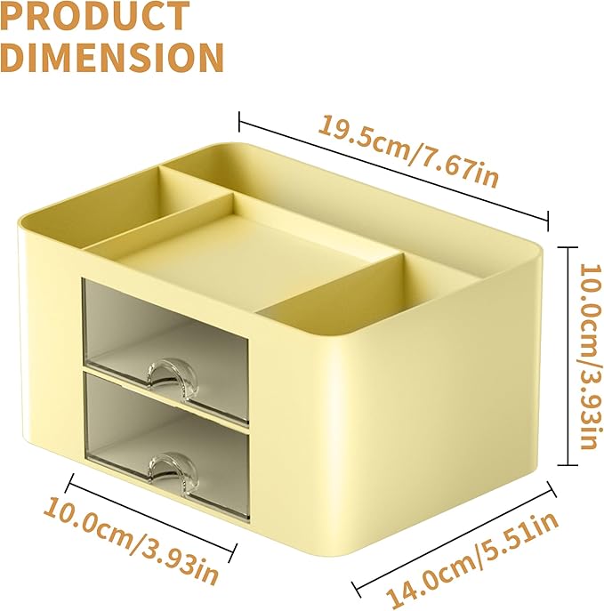 Marbrasse Pen Organizer with 2 Drawer, Multi-Functional Pencil Holder for Desk, Desk Organizers and Accessories with 5 Compartments + Drawer for Office Art Supplies (Yellow)
