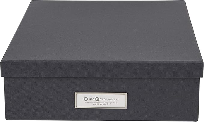 Bigso Oskar Fiberboard Label Frame Document Letter Box - File Organizer Box for Important Paperwork - Document Storage with a Lid & Metal Label Window - 3.3 in x 10.2 in x 13.8 in - Dark Grey