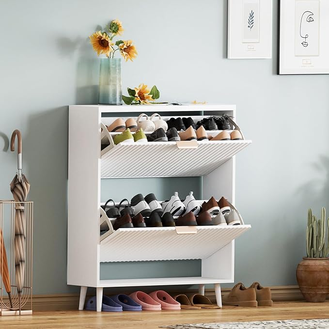 Shoe Cabinet Storage,Modern Freestanding Organizer with 2 Flip Drawers,Narrow Shoe Rack Cabinet for Entryway,White