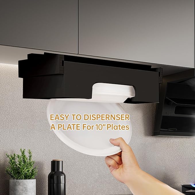 10-inch Paper Plate Dispenser - Bamboo Paper Plate Dispenser Under Cabinet, Kitchen Counter Vertical Holder Organizer Countertop Caddy Rack Black