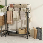 SORCEDAS Towel Rack 3 Tier Free Standing Metal Towel Stand with Storage Shelf and Wheel for Extra Large Towel Blanket Drying (Black)