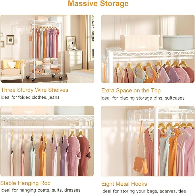 FUTASSI P6 Rolling Clothes Rack Heavy Duty, Clothing Racks for Hanging Clothes, Freestanding Garment Rack with Wheels, Portable Closet Rack Max Load 380 LBS, 35.5'' W x 14'' D x 74.6'' H, White