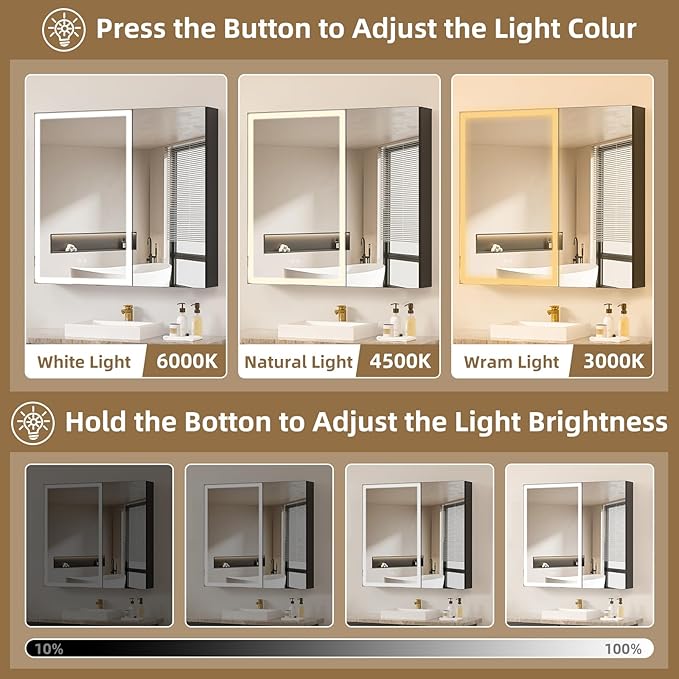 30x28 Medicine Cabinet with Lights Mirror, LED Lighted Medicine Cabinet Wall Mounted, Modern Sturdy Aluminum Mirrored Cabinet with Memory 3 Color Dimmable and Defogger, Adjustable Shelves