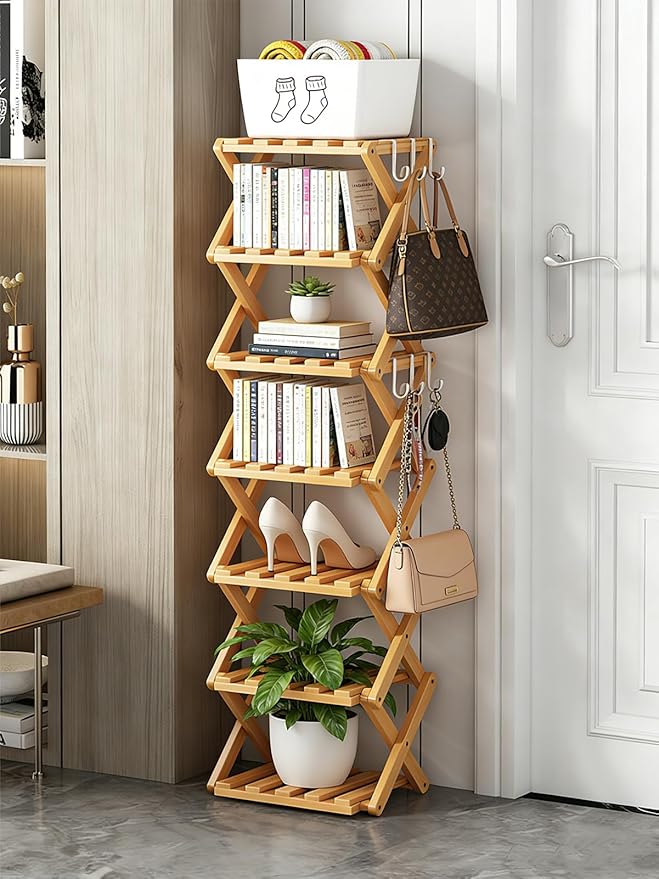 The 9-Tier No-Assembly Bamboo Rack, New Upgrade 9 Tier Bamboo Shoe Rack, Space-Saving Tall Narrow Accordion Shoe Rack for Entryway Closet Dorm (Brown-4)