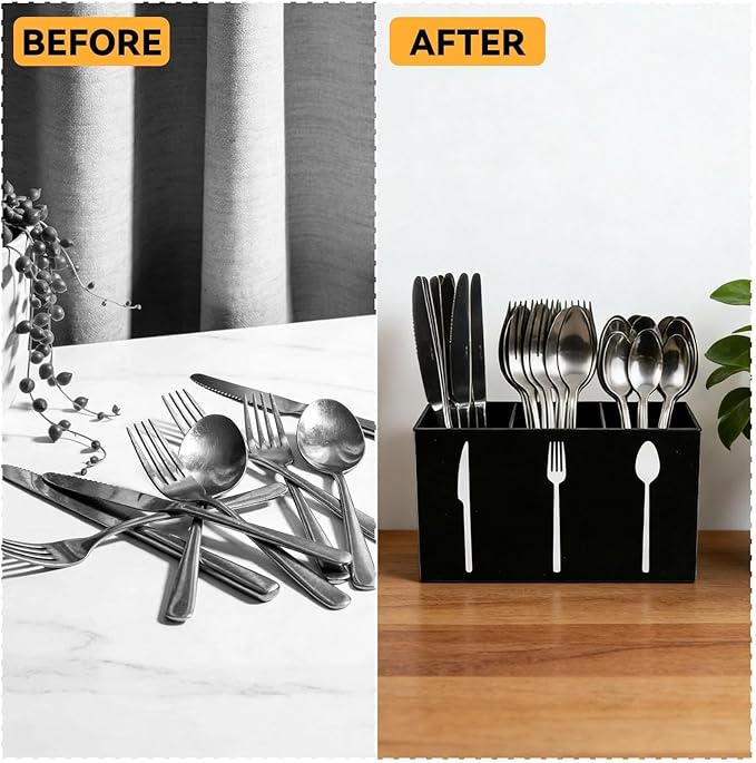 Utensil Holder,Kitchen Countertop Organizer,Silverware Organizer,3 Compartments Silverware Caddy,Plastic Utensil Holder, Large Capacity Cutlery, Spoon, Fork, and Knife Rack（Black）