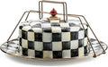 MACKENZIE-CHILDS Enamel Cake Carrier, Cake-Dish Serving Platter with Lid and Handles, Black-and-White Courtly Check
