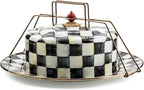 MACKENZIE-CHILDS Enamel Cake Carrier, Cake-Dish Serving Platter with Lid and Handles, Black-and-White Courtly Check
