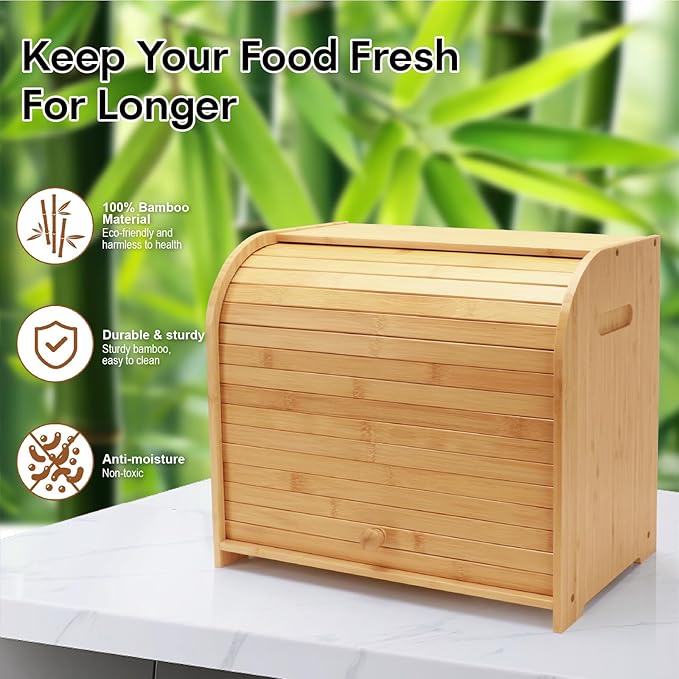Bread Box for Kitchen Countertop, Double Layer Bamboo Bread Storage Container for Homemade Bread, Roll Top Bread Box with 3 Adjustable Height for Kitchen Counter, Natural Breadbox Organizer