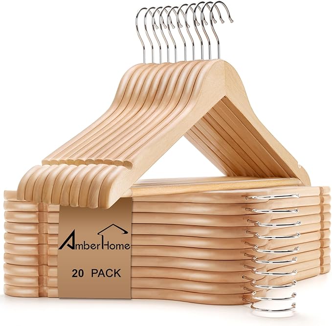 Amber Home 20 Pack Wooden Coat Hangers, Natural Wood Suit Hangers with Non Slip Pant Bar, Clothes Hangers for Shirts, Jackets, Dress, Pant (Natural, 20)