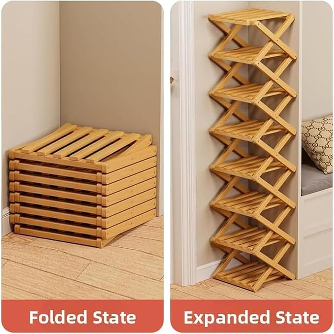 The 8-Tier No-Assembly Bamboo Rack, Bamboo Shoe Rack, Foldable Shoe Rack, Space Saving Collapsible Shelves for Entryway, Closet, Bathroom, Bamboo Shoe Rack, Foldable Shoe Rack (Brown, 8Tier)