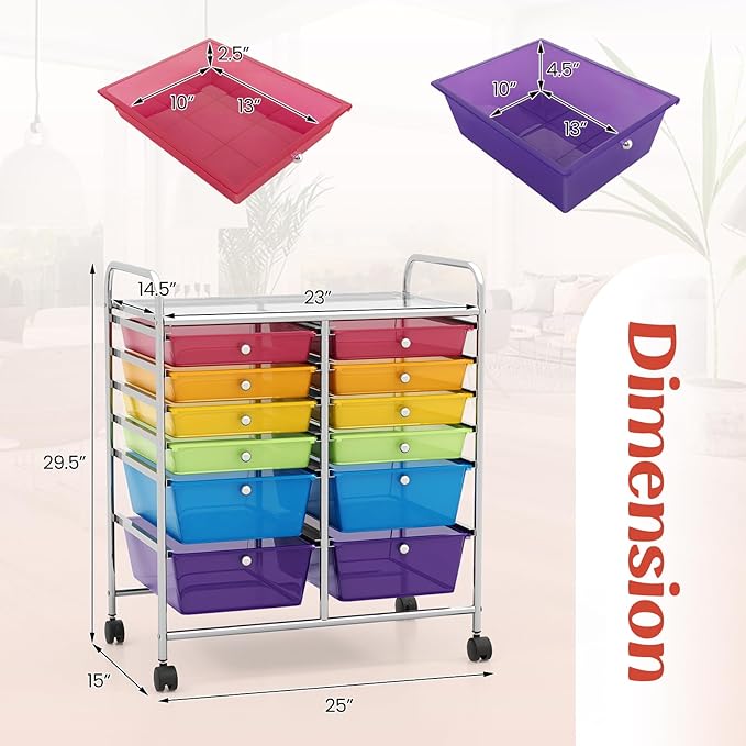 GOFLAME 12-Drawer Rolling Storage Cart, Multipurpose Organizer Cart with 2 Sizes Plastic Drawers, Mobile Utility Cart with Lockable Casters for School, Home Office, Beauty Salon, Rainbow