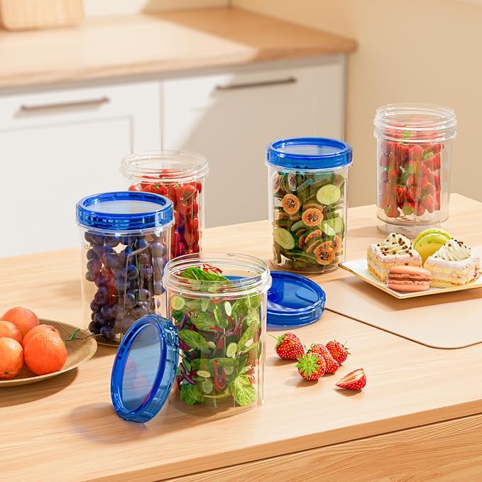 [32 oz 6 Pack] Food Storage Freezer Containers Clear bottom With blue Twist Top Lids Reusable, Plastic Airtight Meal Prep Containers BPA Free | Stackable | Leakproof | Microwave/Dishwasher Safe
