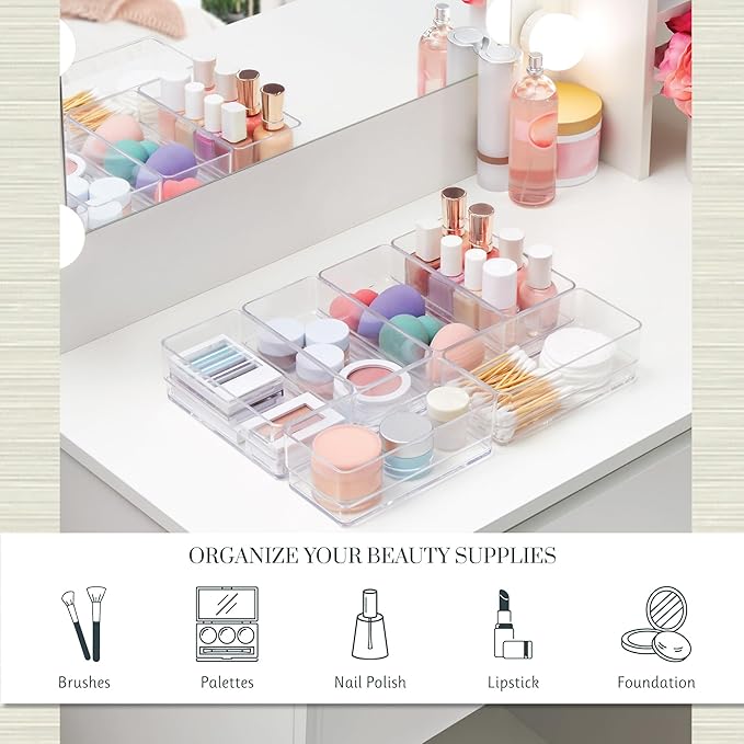 STORi SimpleSort 6-Piece Stackable Clear Drawer Organizer Set | 6" x 3" x 2" Rectangle Trays | Small Makeup Vanity Storage Bins and Office Desk Drawer Dividers | Made in USA