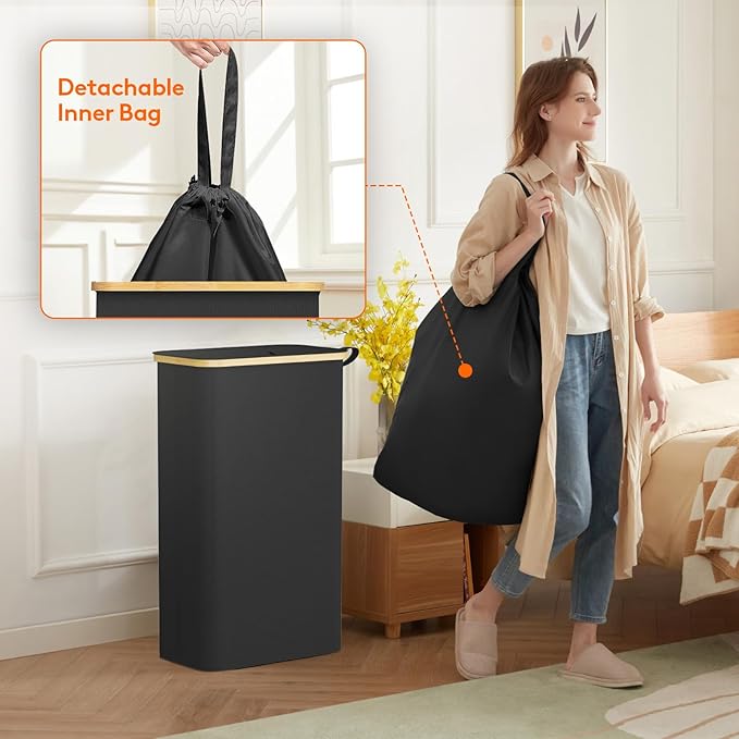 Lifewit 75L Slim Laundry Hamper with Lid, Narrow Laundry Basket with Removable Bag & Bamboo Handles, Fodable Thin Dirty Clothes Hamper for Laundry Collapsible Bin for Bathroom Bedroom Dorm, Black