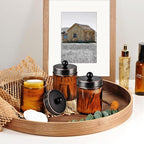 Amber Glass Qtip Holder, Apothecary Jars with ORB Metal Lid & Stickers-Bathroom Qtip Dispenser Storage Organizer Set,Vanity Counter Canister for Cotton Swabs,Round Pads,Floss (3 Pack,ORB)